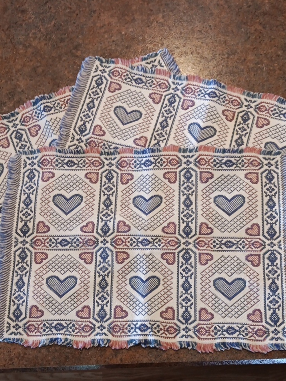 3 Woven 90's Cottagecore Blue And Pink Heart Placemats 19" L X 13 1/2"W